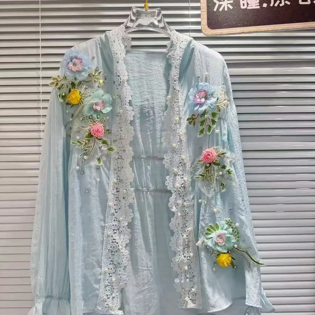 New In Breathable Hooded Sunscreen Shirts Blouses for Women's Long Sleeve Cardigan Tops Lace Embroidery 3D Flowers Clothes