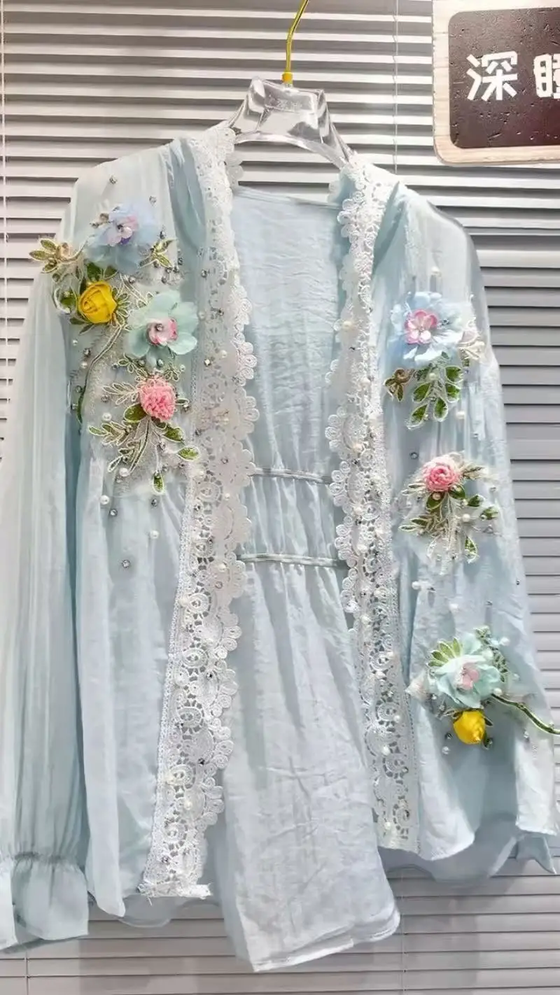 New In Breathable Hooded Sunscreen Shirts Blouses for Women's Long Sleeve Cardigan Tops Lace Embroidery 3D Flowers Clothes