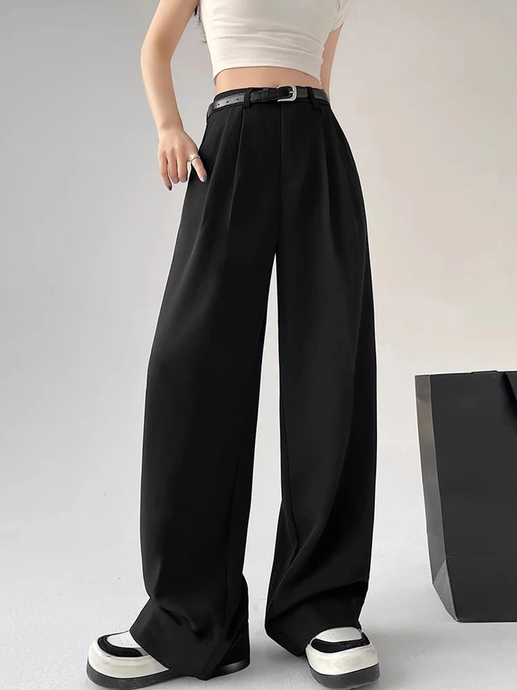 Botvotee Causal Suits Pants for Women Office Elegant Chic Wide Leg High Waisted Black Trousers with Belt Streetwear Y2k Fashion
