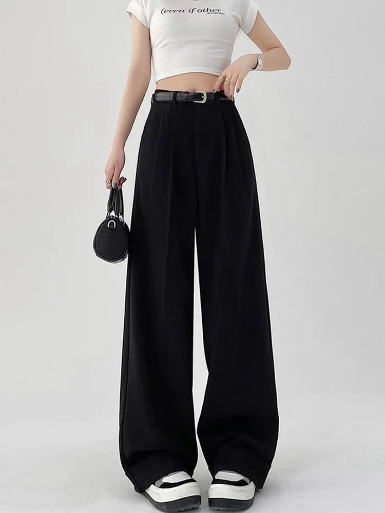 Botvotee Causal Suits Pants for Women Office Elegant Chic Wide Leg High Waisted Black Trousers with Belt Streetwear Y2k Fashion
