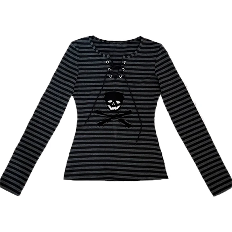 Tonngirls Gothic Retro T-shirt Women Lace Up Striped Casual Shirt Y2k Vintage Print Graphic Tops Streetwear american Grunge Tops