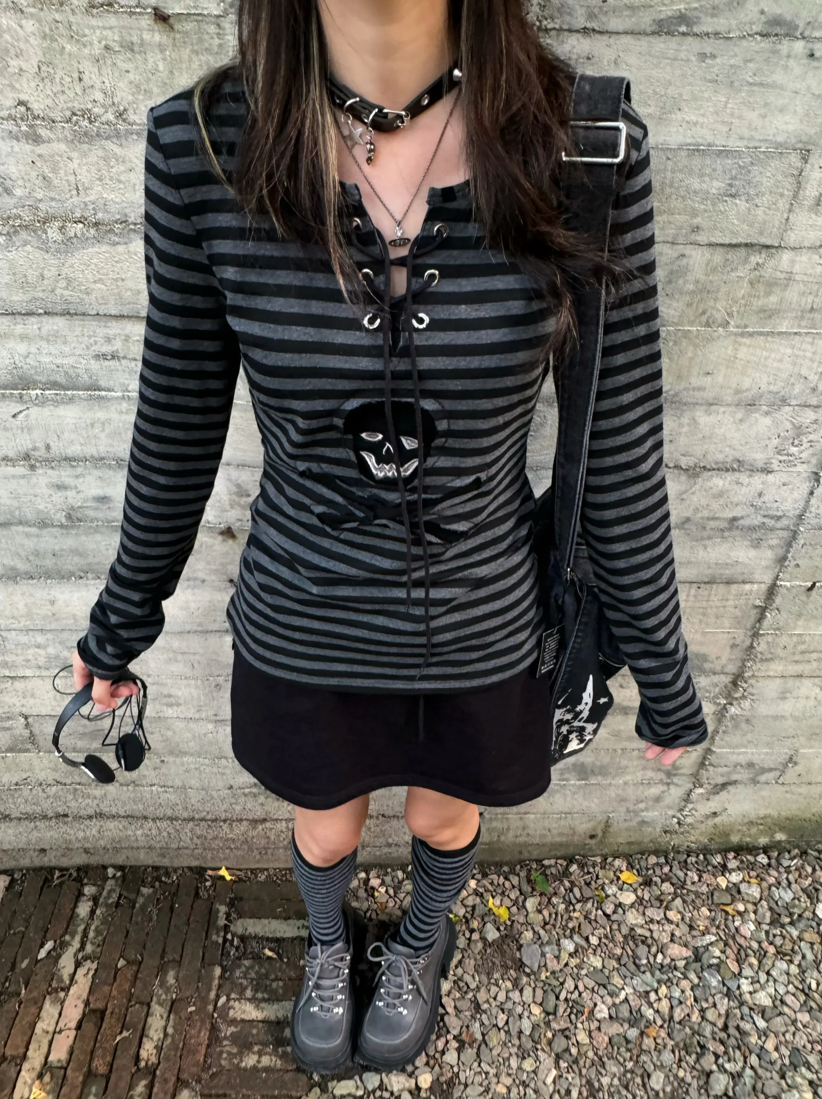 Tonngirls Gothic Retro T-shirt Women Lace Up Striped Casual Shirt Y2k Vintage Print Graphic Tops Streetwear american Grunge Tops