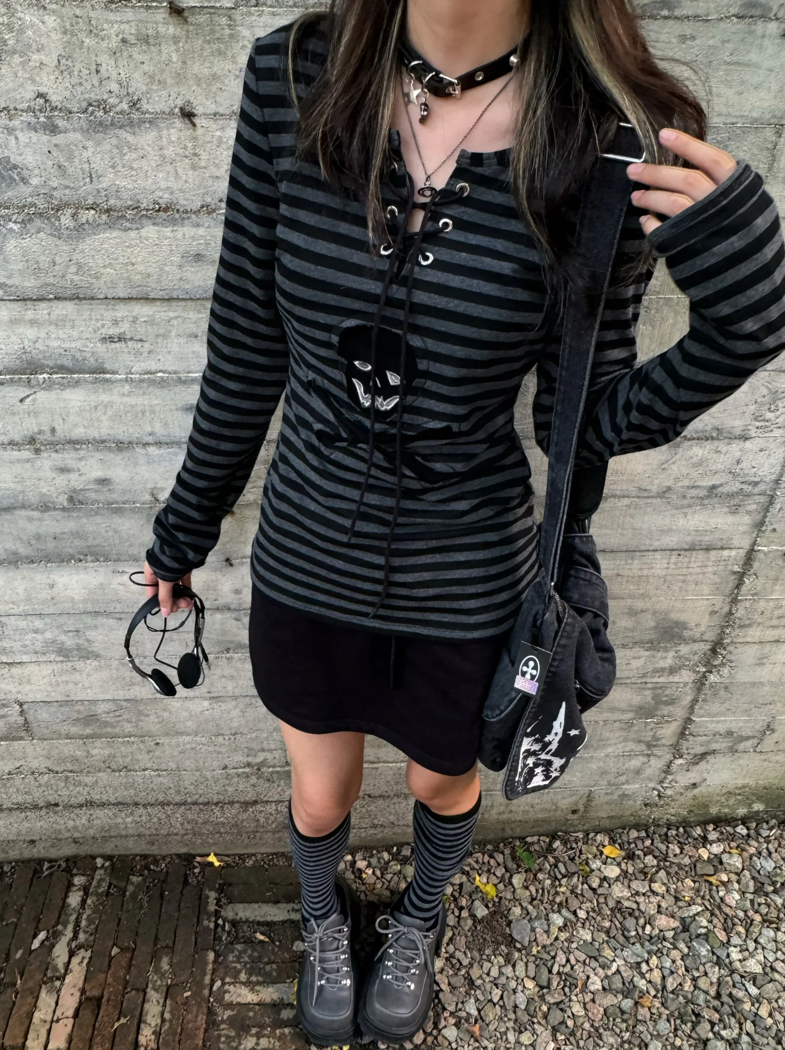 Tonngirls Gothic Retro T-shirt Women Lace Up Striped Casual Shirt Y2k Vintage Print Graphic Tops Streetwear american Grunge Tops