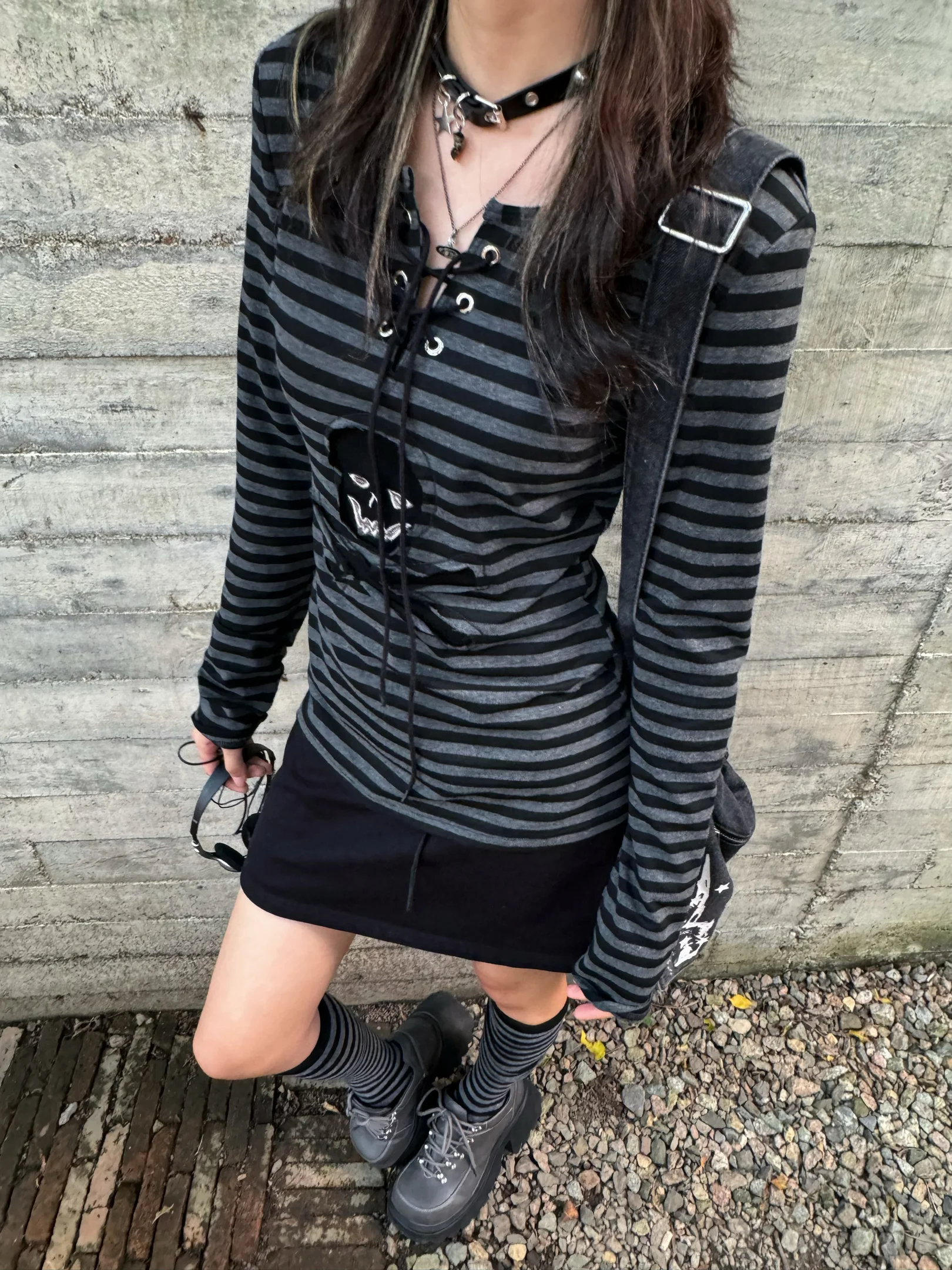 Tonngirls Gothic Retro T-shirt Women Lace Up Striped Casual Shirt Y2k Vintage Print Graphic Tops Streetwear american Grunge Tops