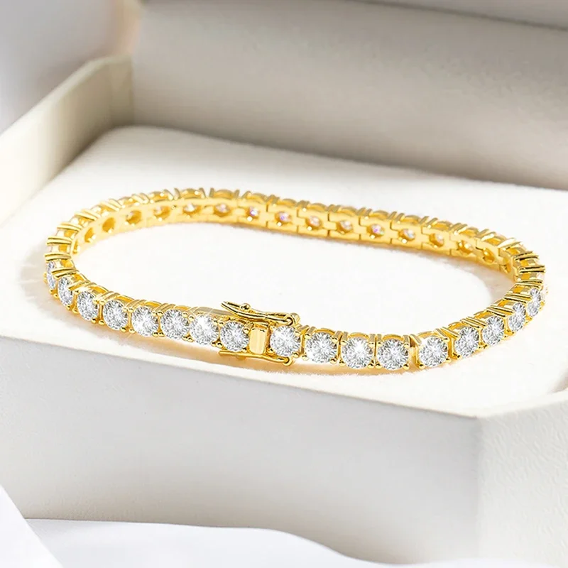 18K Gold Plated Moissanite Tennis Women 3/4/5Mm Classic S925 Sterling Silver Certified Bracelet For Men GRA
