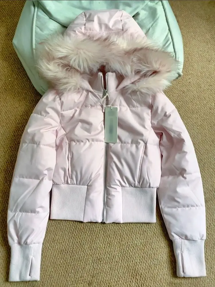 Gentle wind pink fur collar hooded cotton coat for women winter new Korean style thickened and warm short waisted cotton