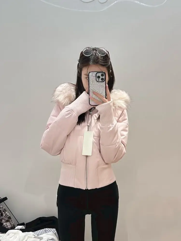 Gentle wind pink fur collar hooded cotton coat for women winter new Korean style thickened and warm short waisted cotton