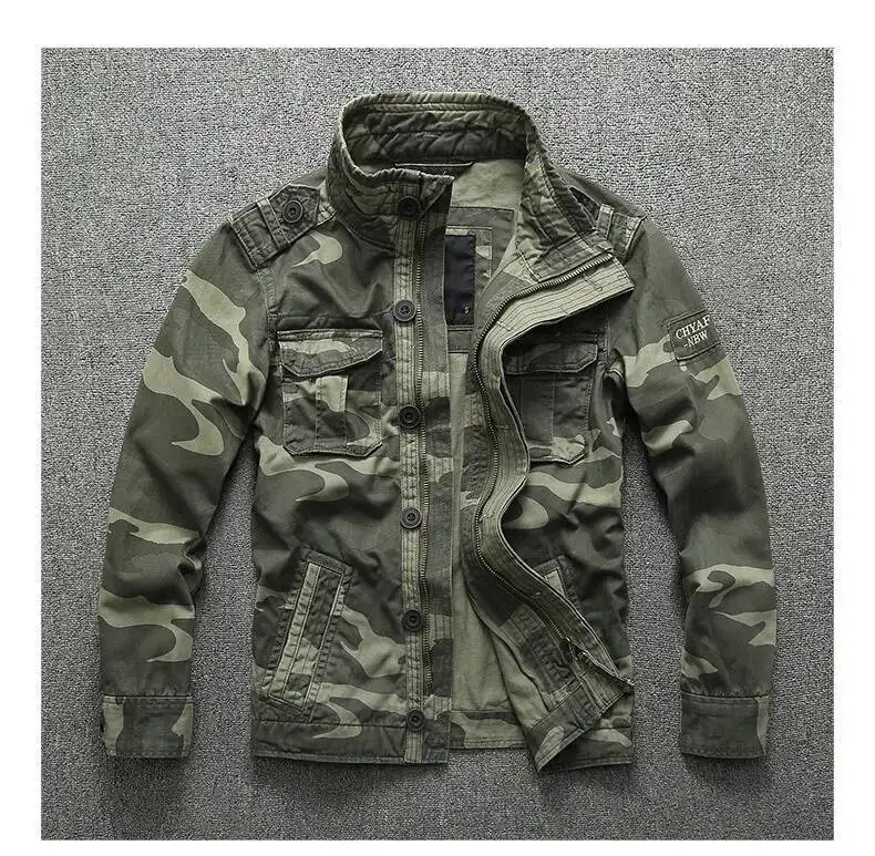 Autumn Men's Military Camouflage Cargo Jackets Multi-Pockets Heavyweight Cotton Outdoor Stand Collar Casual Workwear Jackets Man