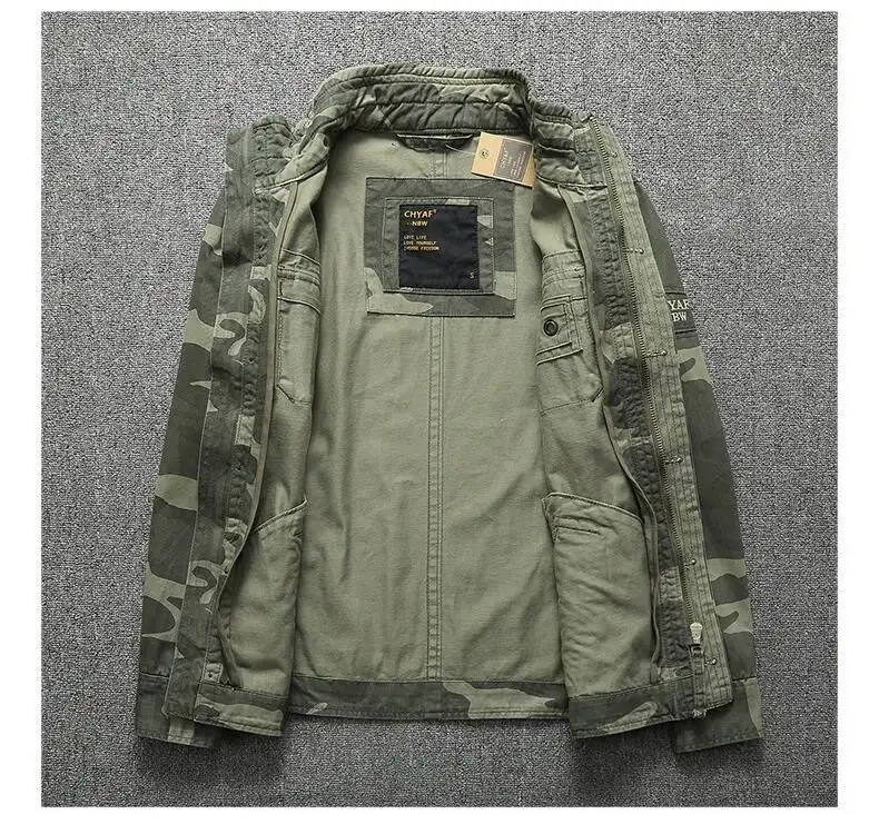 Autumn Men's Military Camouflage Cargo Jackets Multi-Pockets Heavyweight Cotton Outdoor Stand Collar Casual Workwear Jackets Man