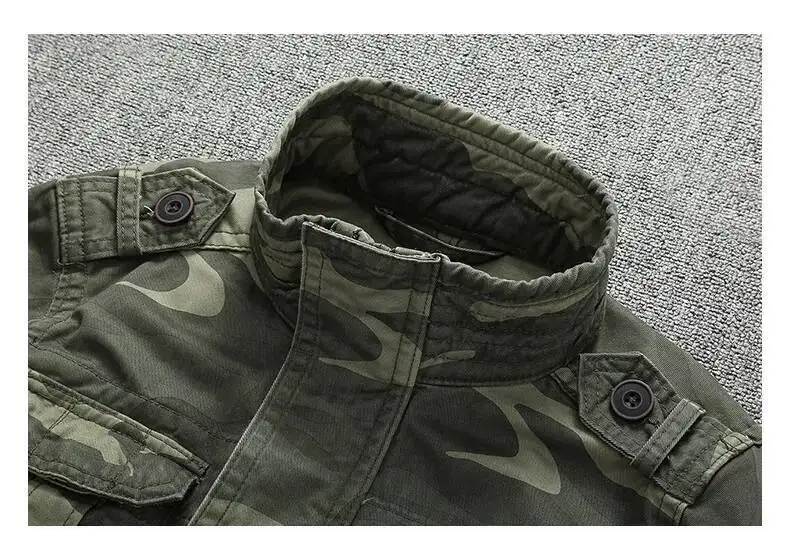 Autumn Men's Military Camouflage Cargo Jackets Multi-Pockets Heavyweight Cotton Outdoor Stand Collar Casual Workwear Jackets Man