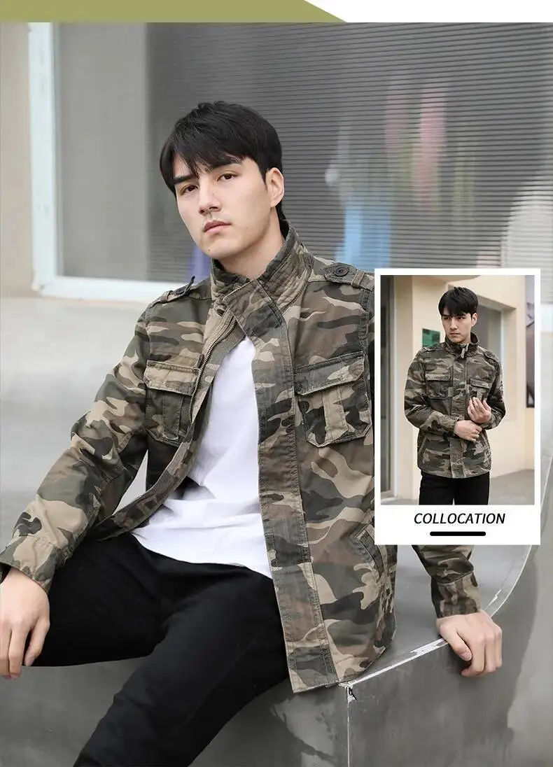 Autumn Men's Military Camouflage Cargo Jackets Multi-Pockets Heavyweight Cotton Outdoor Stand Collar Casual Workwear Jackets Man
