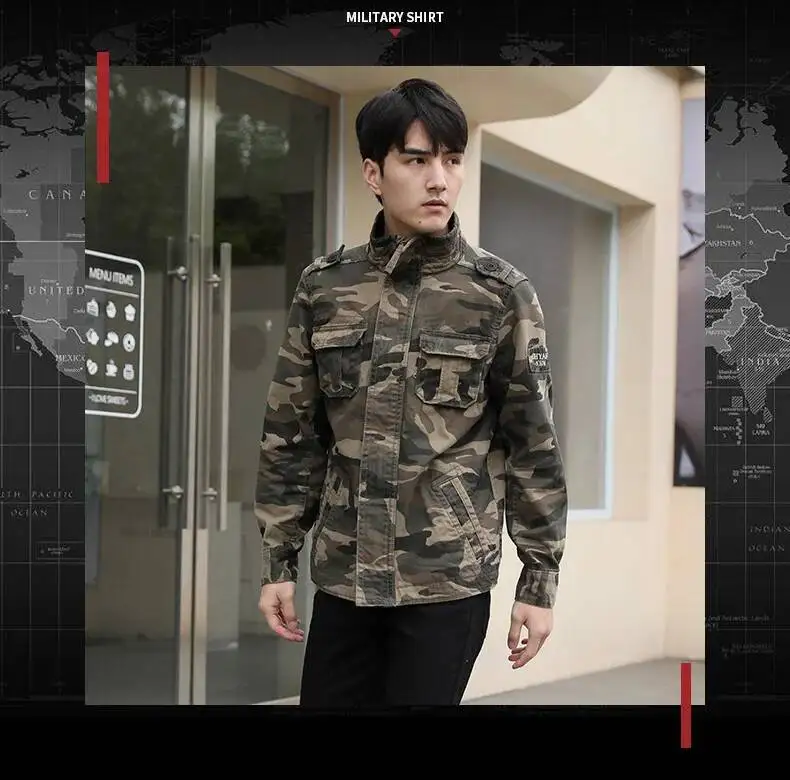 Autumn Men's Military Camouflage Cargo Jackets Multi-Pockets Heavyweight Cotton Outdoor Stand Collar Casual Workwear Jackets Man