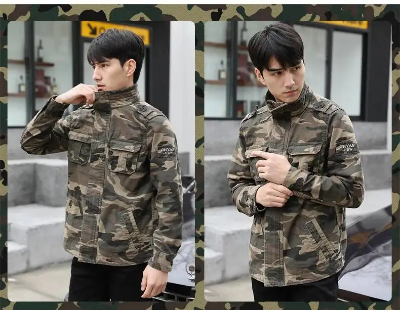 Autumn Men's Military Camouflage Cargo Jackets Multi-Pockets Heavyweight Cotton Outdoor Stand Collar Casual Workwear Jackets Man