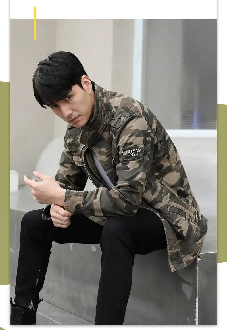 Autumn Men's Military Camouflage Cargo Jackets Multi-Pockets Heavyweight Cotton Outdoor Stand Collar Casual Workwear Jackets Man