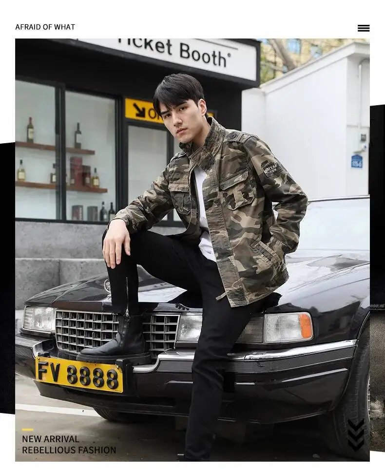 Autumn Men's Military Camouflage Cargo Jackets Multi-Pockets Heavyweight Cotton Outdoor Stand Collar Casual Workwear Jackets Man