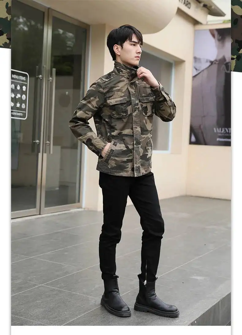 Autumn Men's Military Camouflage Cargo Jackets Multi-Pockets Heavyweight Cotton Outdoor Stand Collar Casual Workwear Jackets Man