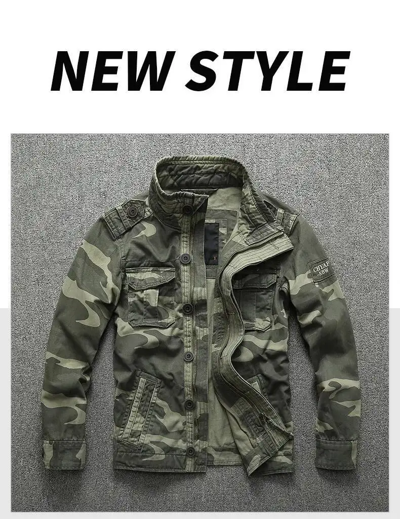 Autumn Men's Military Camouflage Cargo Jackets Multi-Pockets Heavyweight Cotton Outdoor Stand Collar Casual Workwear Jackets Man
