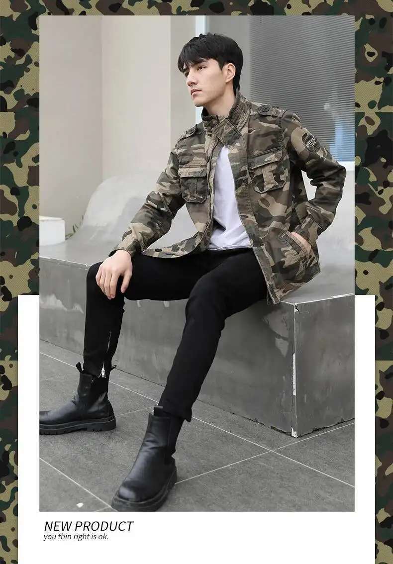 Autumn Men's Military Camouflage Cargo Jackets Multi-Pockets Heavyweight Cotton Outdoor Stand Collar Casual Workwear Jackets Man
