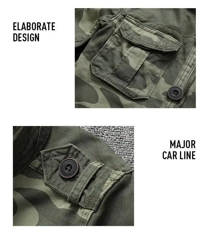 Autumn Men's Military Camouflage Cargo Jackets Multi-Pockets Heavyweight Cotton Outdoor Stand Collar Casual Workwear Jackets Man