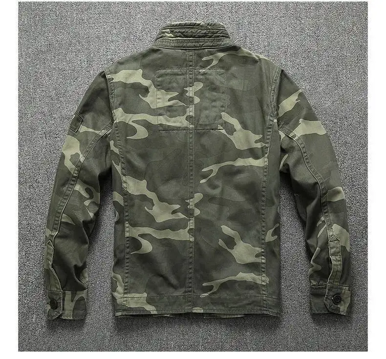 Autumn Men's Military Camouflage Cargo Jackets Multi-Pockets Heavyweight Cotton Outdoor Stand Collar Casual Workwear Jackets Man