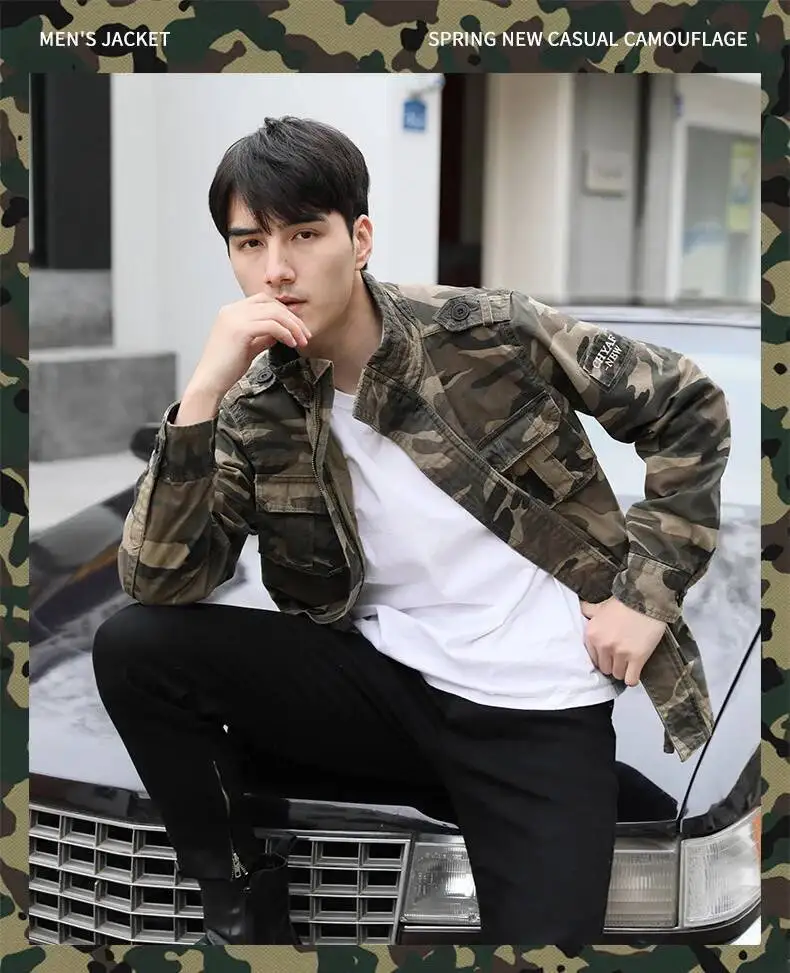Autumn Men's Military Camouflage Cargo Jackets Multi-Pockets Heavyweight Cotton Outdoor Stand Collar Casual Workwear Jackets Man