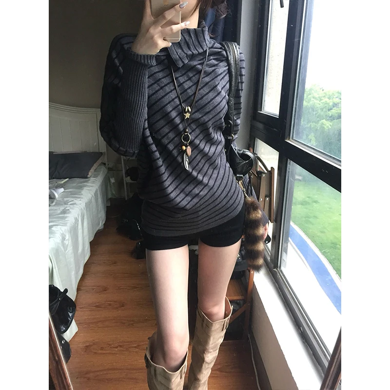 Genayooa Japanese 2000s Sweater Women Striped Knit Pullover Batwing Sleeve Streetwear Y2k Vintage Tops Turtleneck Sweaters