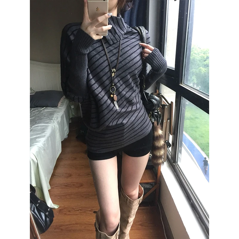 Genayooa Japanese 2000s Sweater Women Striped Knit Pullover Batwing Sleeve Streetwear Y2k Vintage Tops Turtleneck Sweaters