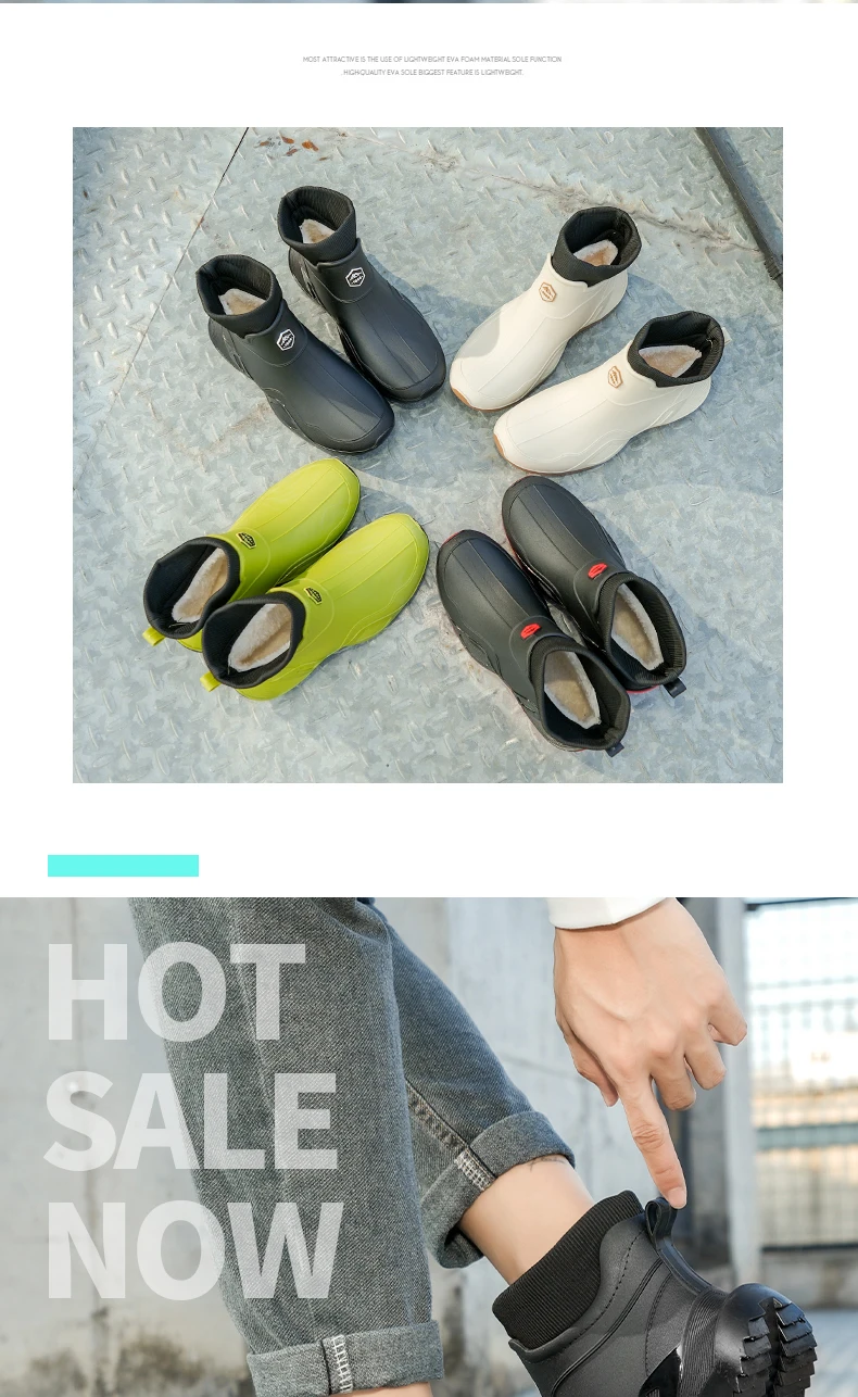 Winter Warm Men's Waterproof Shoes, Women's Short Rain Boots, Fleece-Lined Couple's Rain Shoes