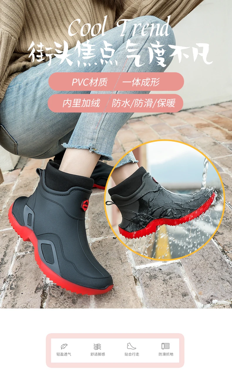 Winter Warm Men's Waterproof Shoes, Women's Short Rain Boots, Fleece-Lined Couple's Rain Shoes