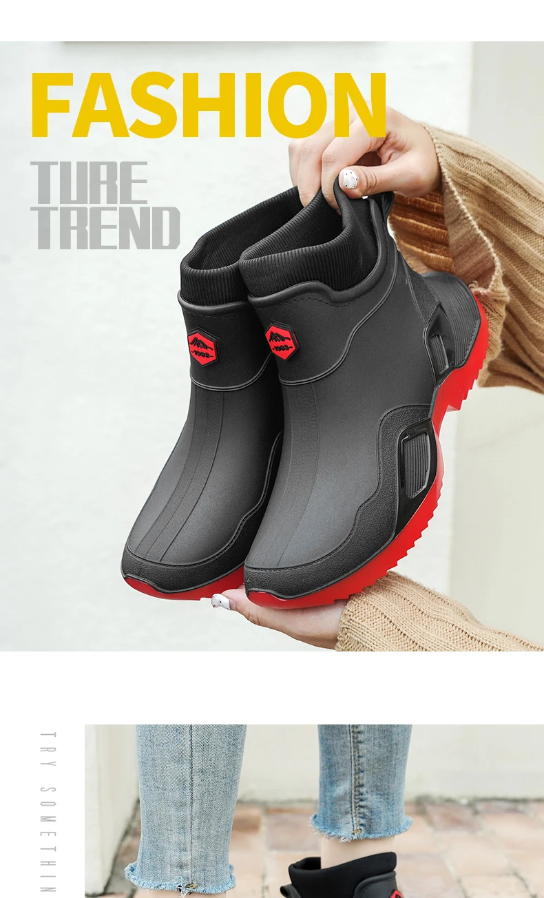 Winter Warm Men's Waterproof Shoes, Women's Short Rain Boots, Fleece-Lined Couple's Rain Shoes