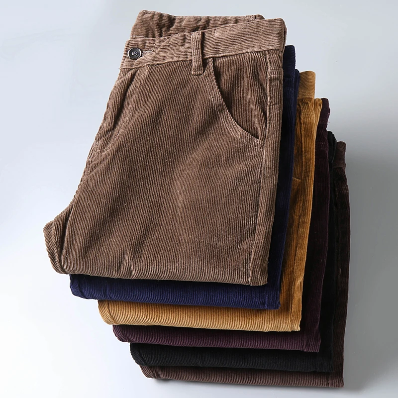 2025 Autumn New Corduroy Pants Men's Cotton Thick Slim Straight Elastic Business Casual Trousers Fashion Khaki Male Clothes