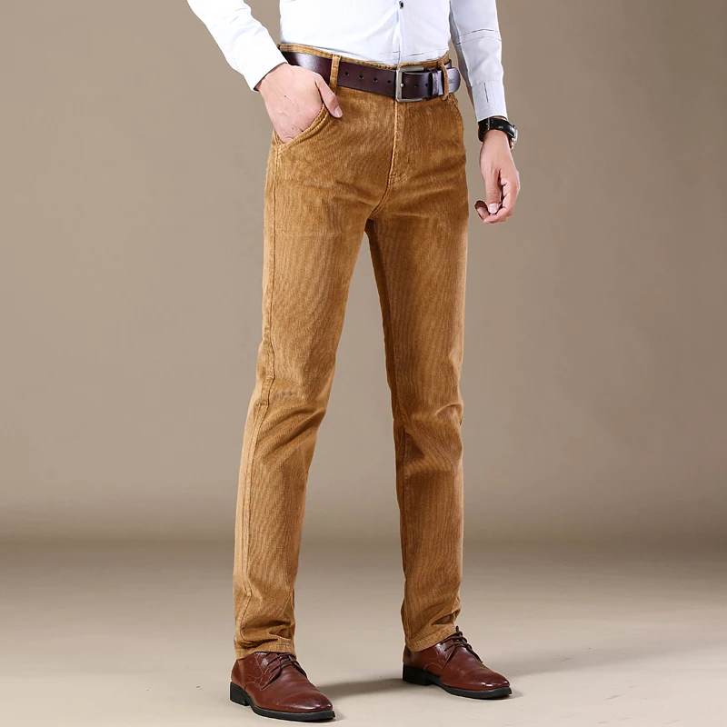 2025 Autumn New Corduroy Pants Men's Cotton Thick Slim Straight Elastic Business Casual Trousers Fashion Khaki Male Clothes