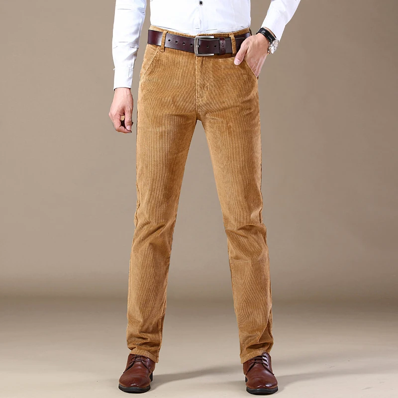 2025 Autumn New Corduroy Pants Men's Cotton Thick Slim Straight Elastic Business Casual Trousers Fashion Khaki Male Clothes