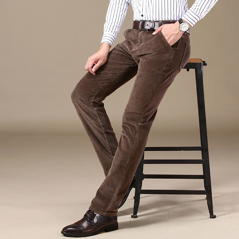 2025 Autumn New Corduroy Pants Men's Cotton Thick Slim Straight Elastic Business Casual Trousers Fashion Khaki Male Clothes