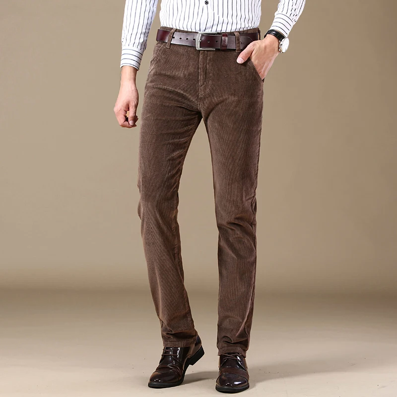 2025 Autumn New Corduroy Pants Men's Cotton Thick Slim Straight Elastic Business Casual Trousers Fashion Khaki Male Clothes