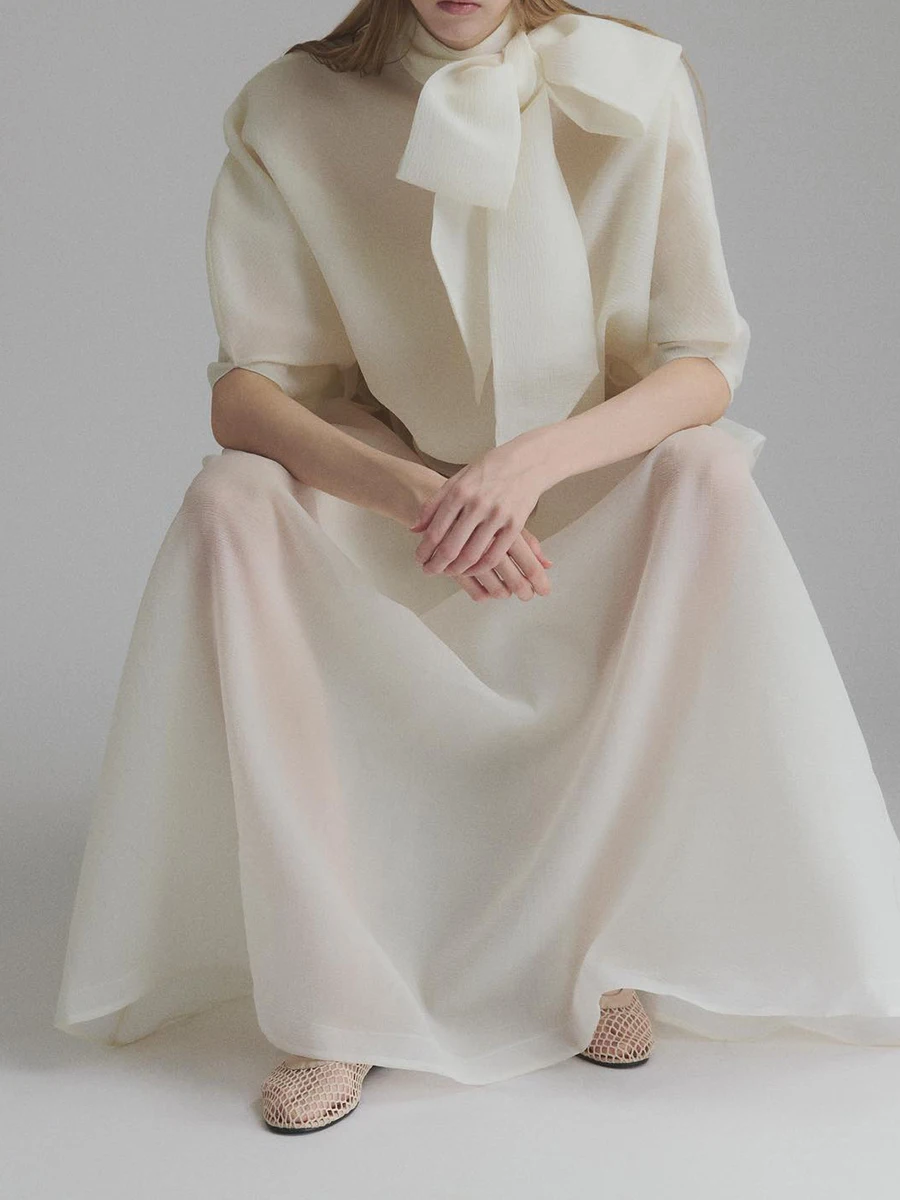 TWOTWINSTYLE Loose Minimalist Elegant Dresses For Women High Neck Half Sleeves Patchwork Folds Elegant Dress Female Clothing New