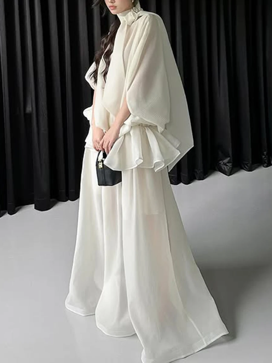 TWOTWINSTYLE Loose Minimalist Elegant Dresses For Women High Neck Half Sleeves Patchwork Folds Elegant Dress Female Clothing New