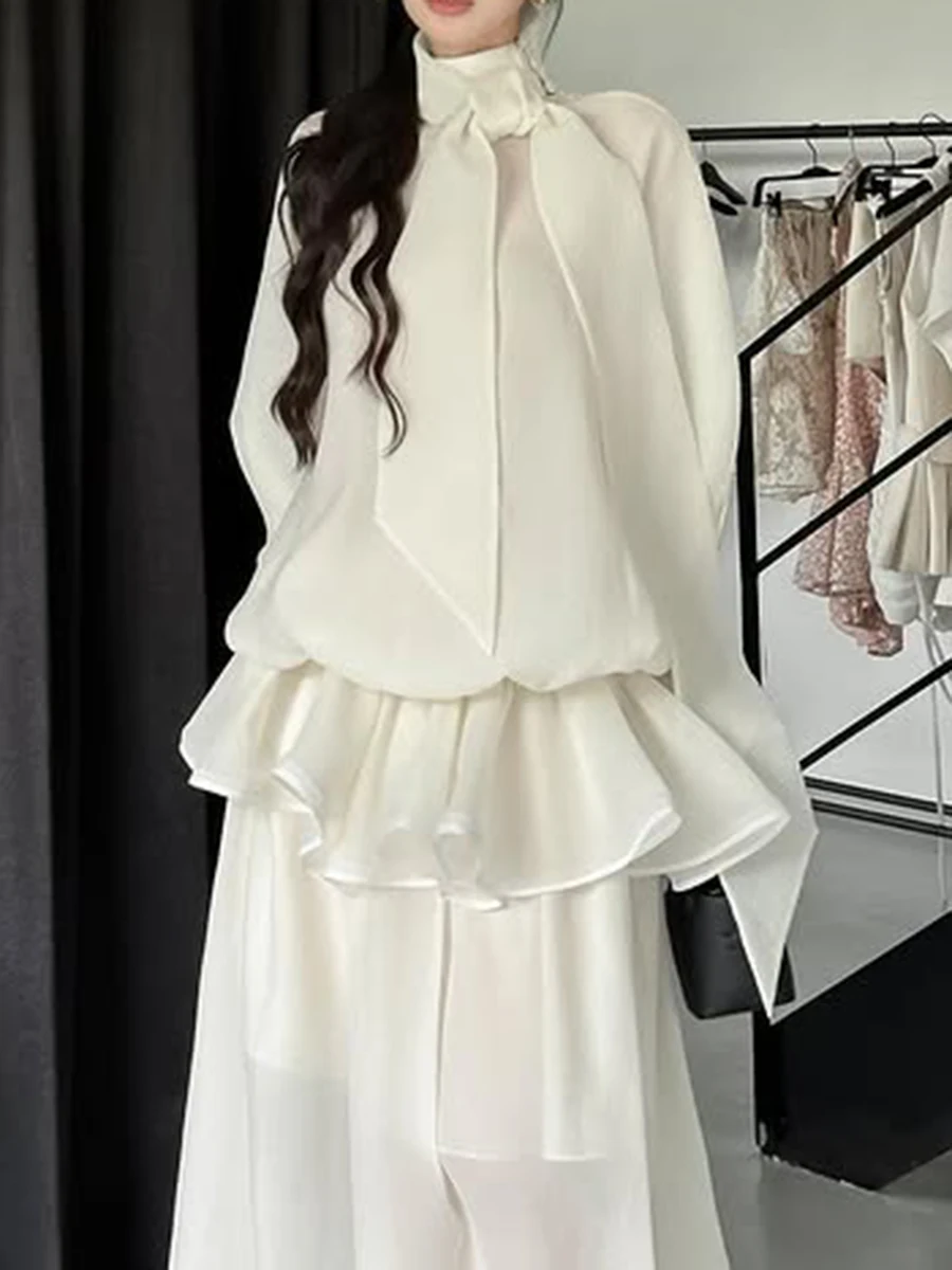 TWOTWINSTYLE Loose Minimalist Elegant Dresses For Women High Neck Half Sleeves Patchwork Folds Elegant Dress Female Clothing New