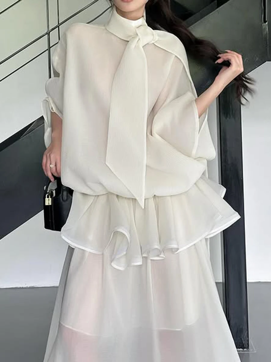 TWOTWINSTYLE Loose Minimalist Elegant Dresses For Women High Neck Half Sleeves Patchwork Folds Elegant Dress Female Clothing New