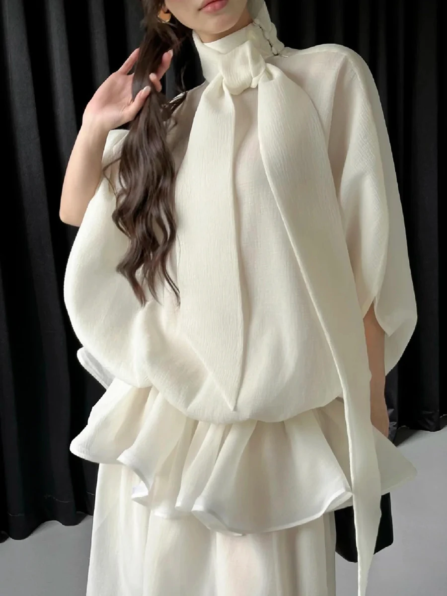 TWOTWINSTYLE Loose Minimalist Elegant Dresses For Women High Neck Half Sleeves Patchwork Folds Elegant Dress Female Clothing New