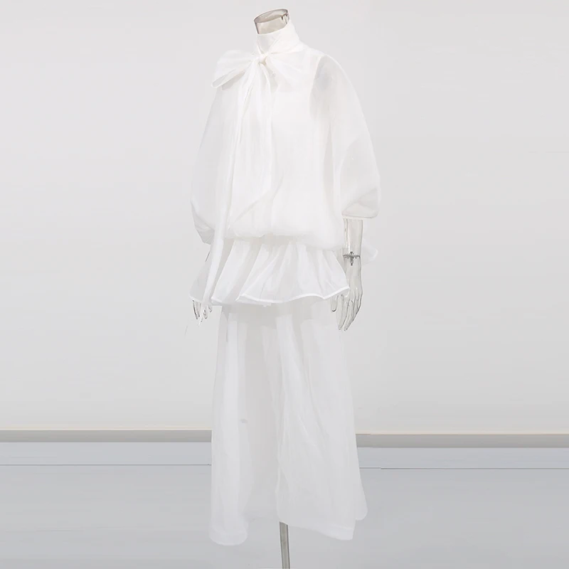 TWOTWINSTYLE Loose Minimalist Elegant Dresses For Women High Neck Half Sleeves Patchwork Folds Elegant Dress Female Clothing New