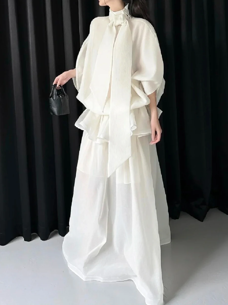 TWOTWINSTYLE Loose Minimalist Elegant Dresses For Women High Neck Half Sleeves Patchwork Folds Elegant Dress Female Clothing New