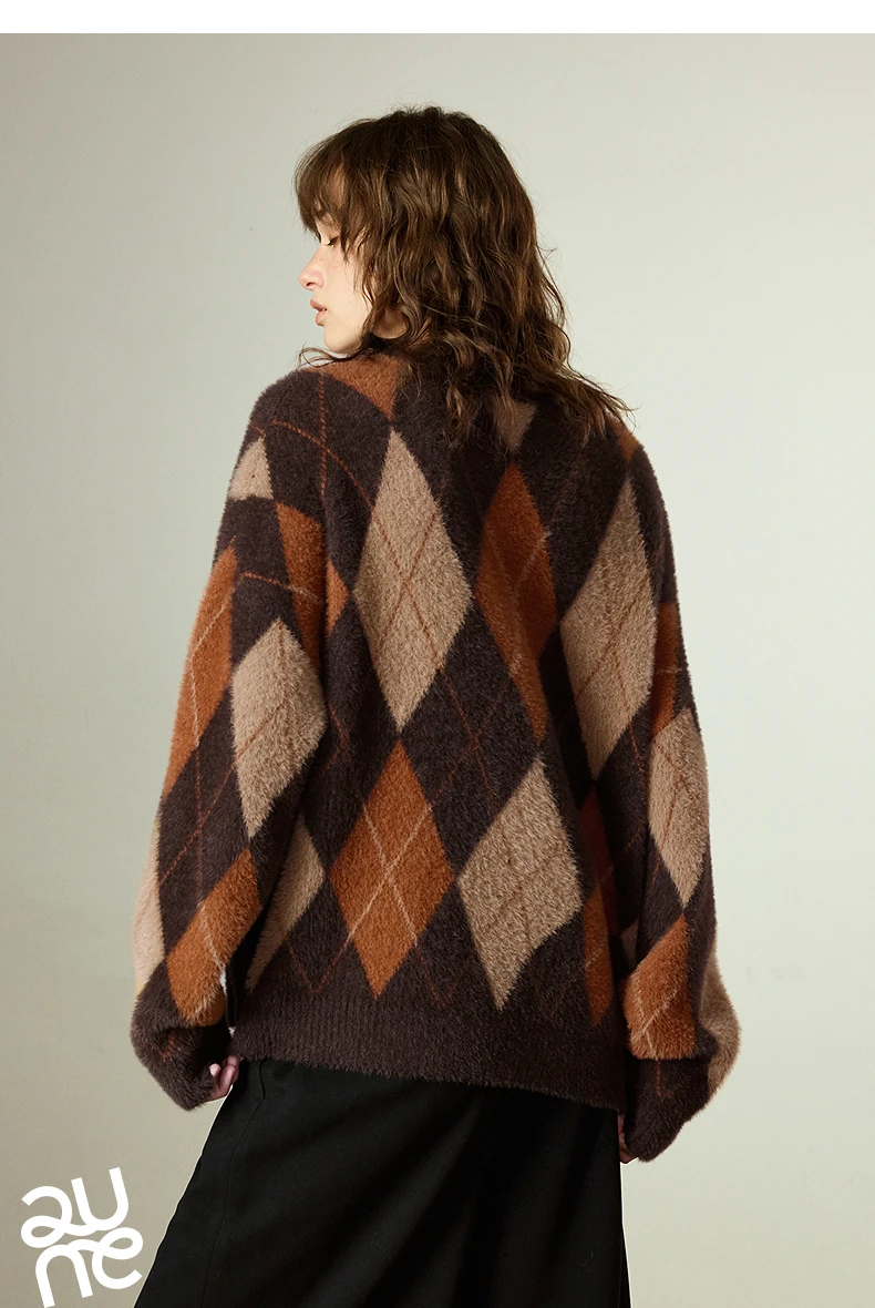 TOYOUTH Women's Sweater 2025 Winter New Loose Crew Neck Amber Streamer Nordic Style Argyle Mink-like Top