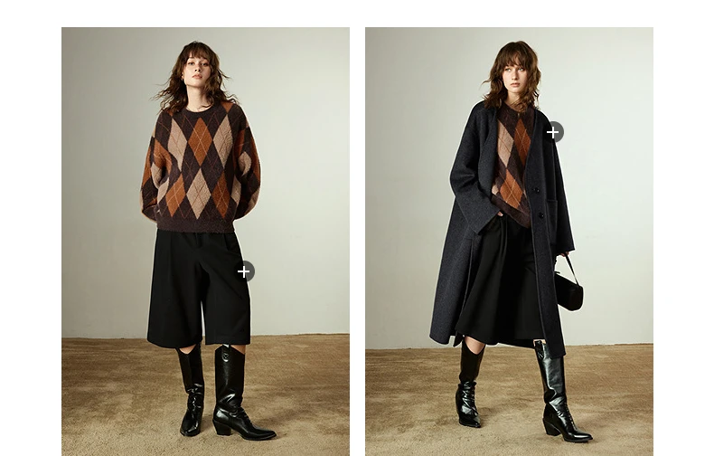 TOYOUTH Women's Sweater 2025 Winter New Loose Crew Neck Amber Streamer Nordic Style Argyle Mink-like Top