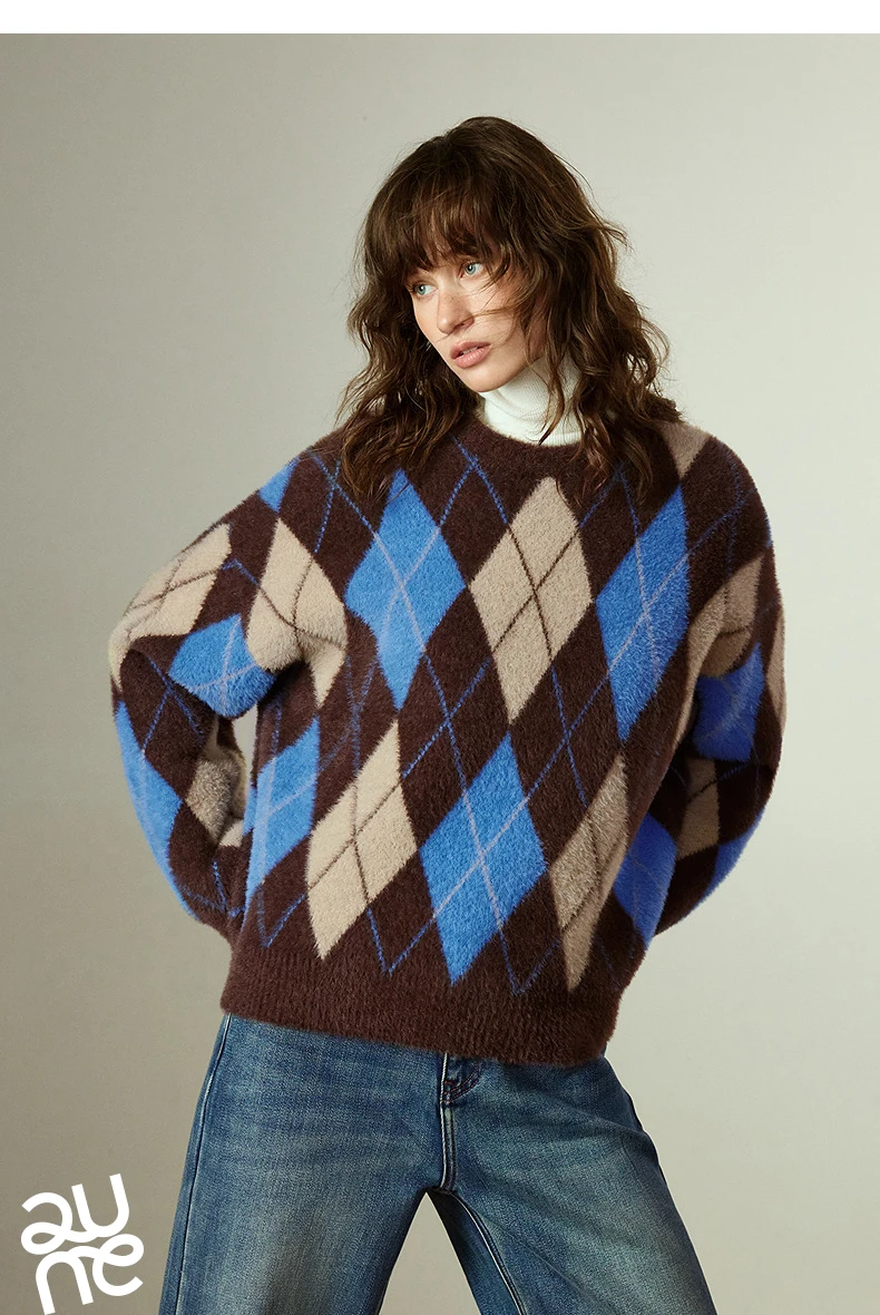 TOYOUTH Women's Sweater 2025 Winter New Loose Crew Neck Amber Streamer Nordic Style Argyle Mink-like Top