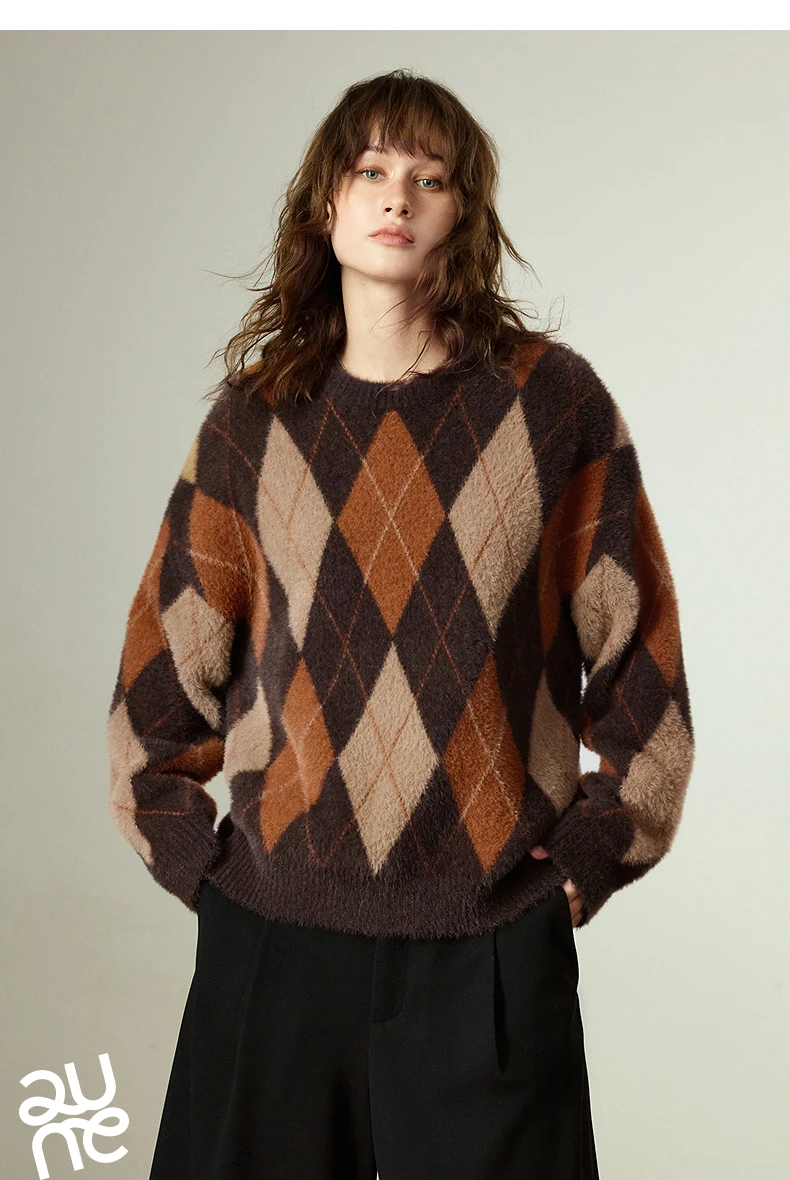 TOYOUTH Women's Sweater 2025 Winter New Loose Crew Neck Amber Streamer Nordic Style Argyle Mink-like Top