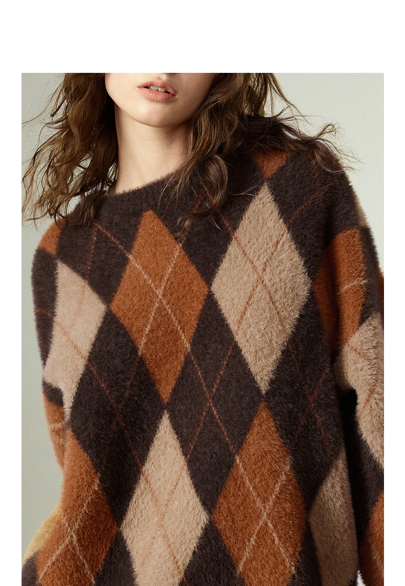 TOYOUTH Women's Sweater 2025 Winter New Loose Crew Neck Amber Streamer Nordic Style Argyle Mink-like Top
