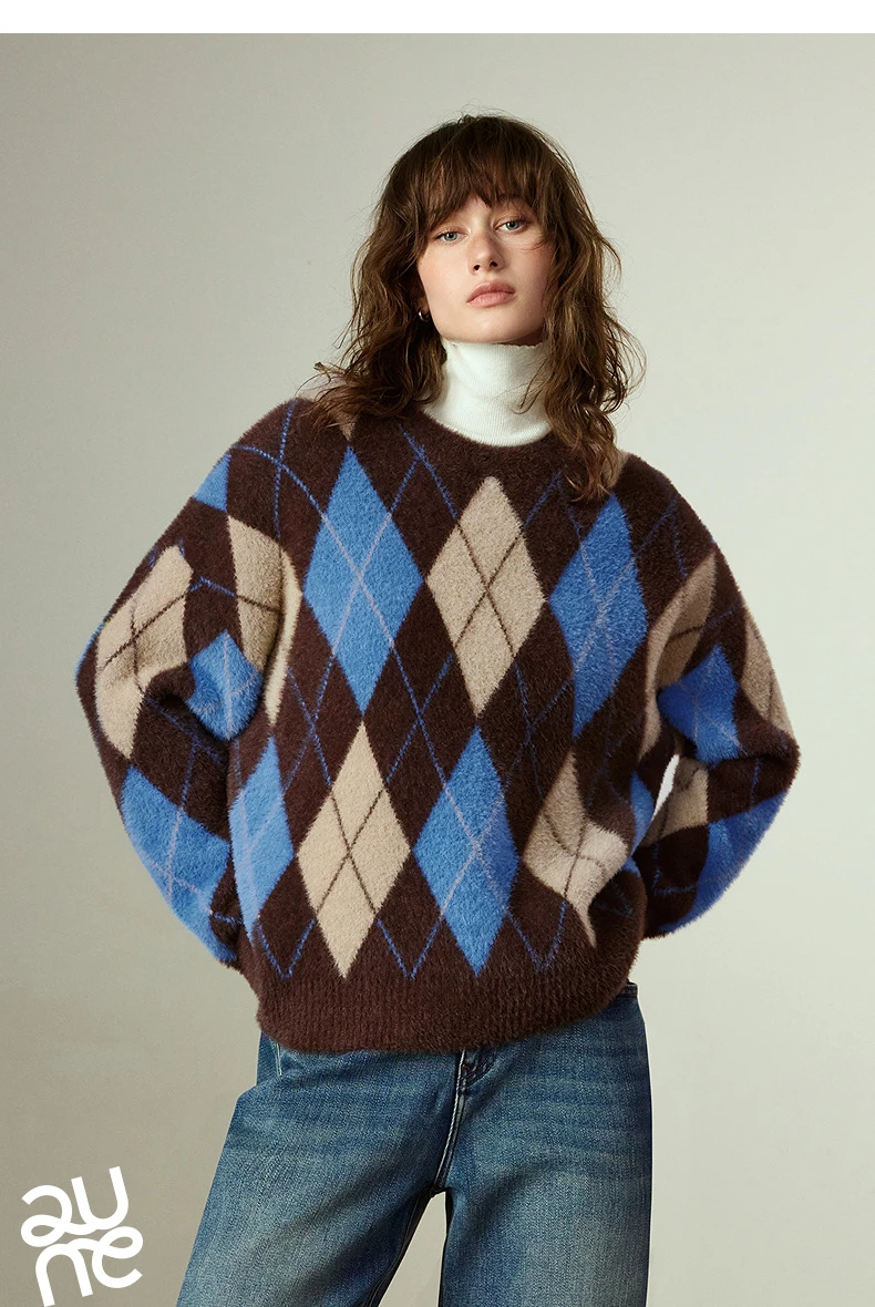TOYOUTH Women's Sweater 2025 Winter New Loose Crew Neck Amber Streamer Nordic Style Argyle Mink-like Top