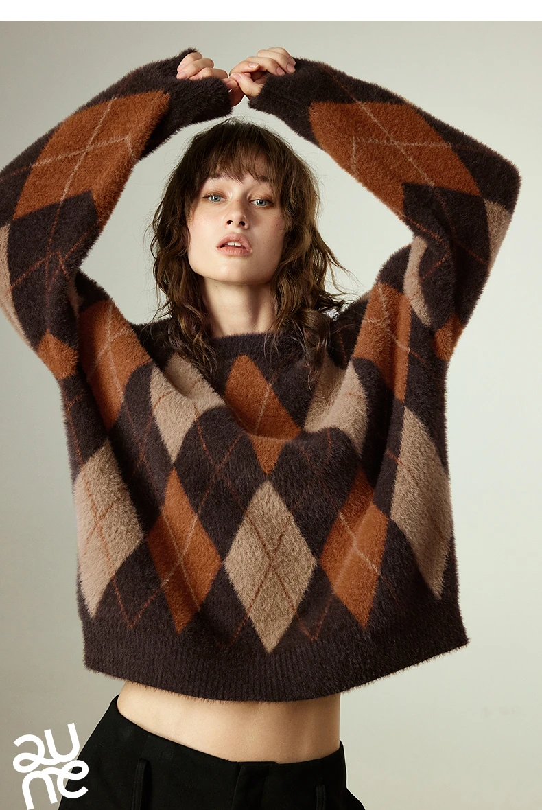 TOYOUTH Women's Sweater 2025 Winter New Loose Crew Neck Amber Streamer Nordic Style Argyle Mink-like Top
