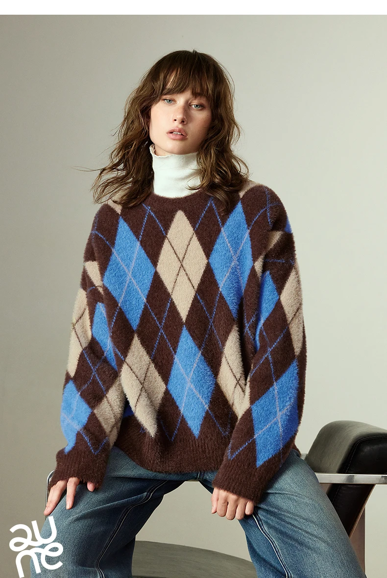 TOYOUTH Women's Sweater 2025 Winter New Loose Crew Neck Amber Streamer Nordic Style Argyle Mink-like Top
